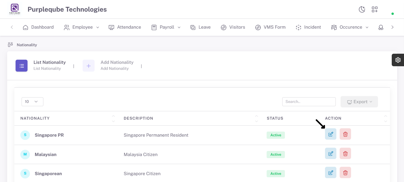 Edit icon highlighted in the Action column of a nationality record